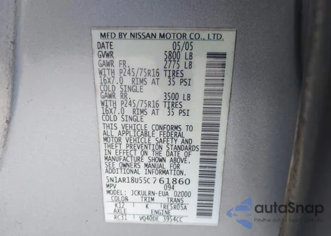 2005 Nissan Pathfinder Xe from USA, damaged, VIN 5N1AR18U55C761860